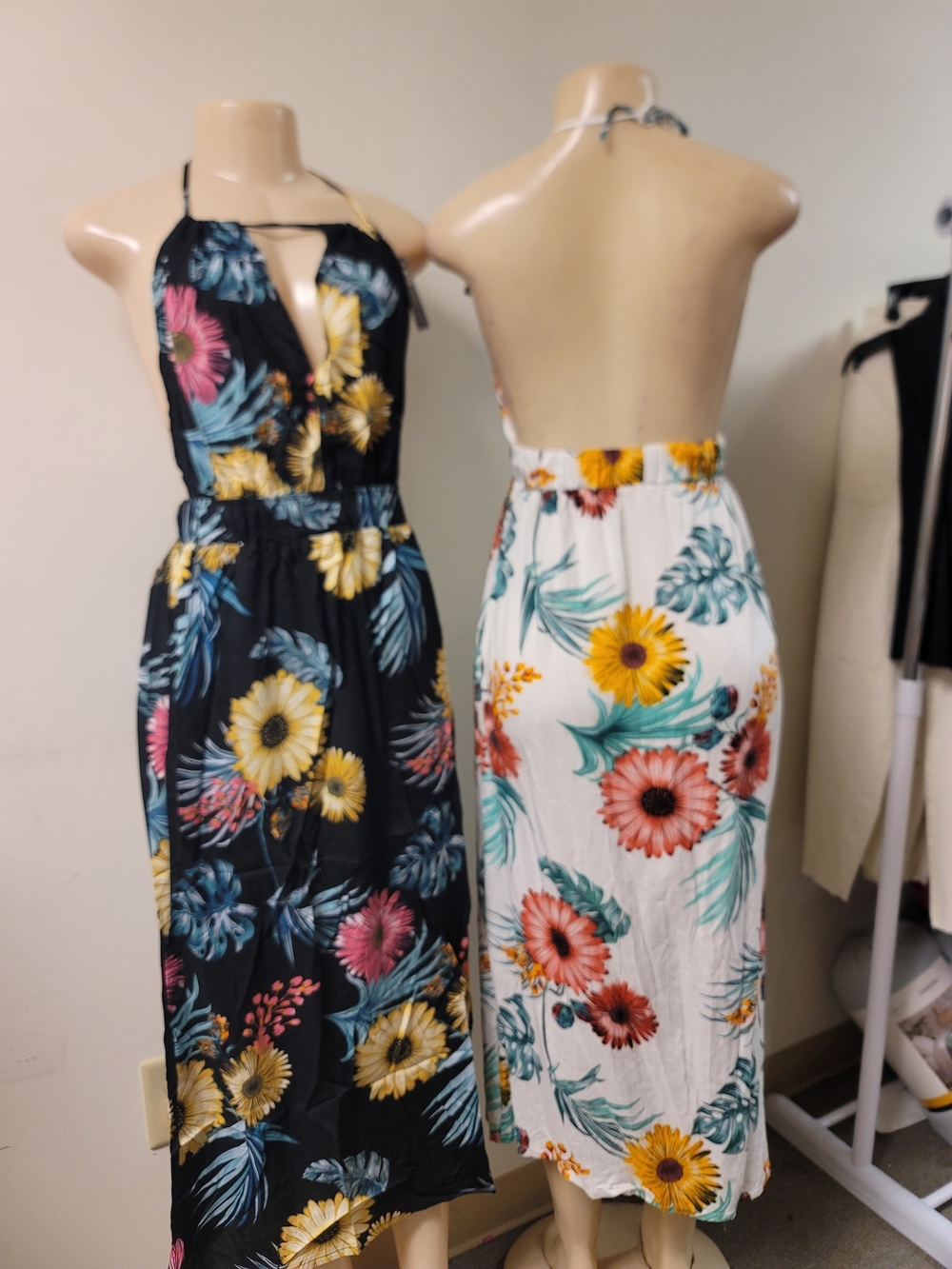 2 Floral Halter Maxi Dress - Black Floral,white Floral
